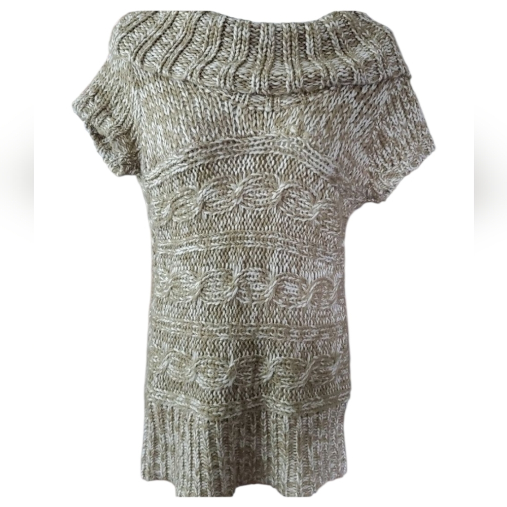 At Last New York Sweater Color Tan White Marbled Shawl Collar Short Sleeve